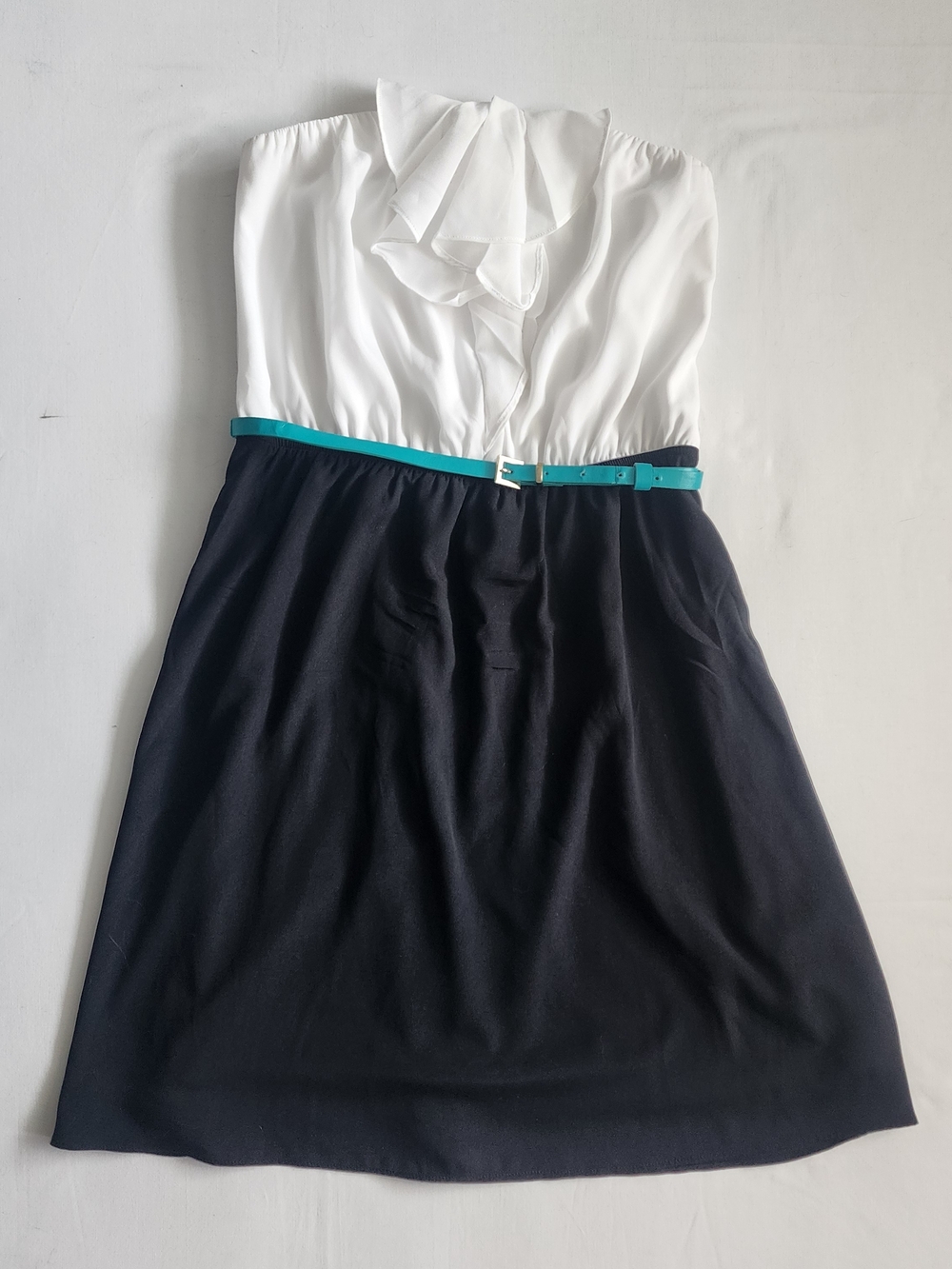 Express Strapless Mini Dress Womens Size 6 Black White Teal Belt Ruffles Formal